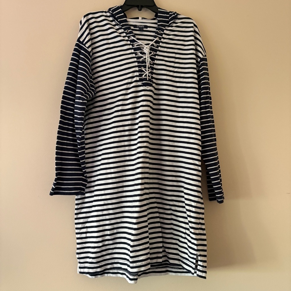Chaps XL Navy White Stripe Lace Up Hooded Tunic Cover Up Coastal